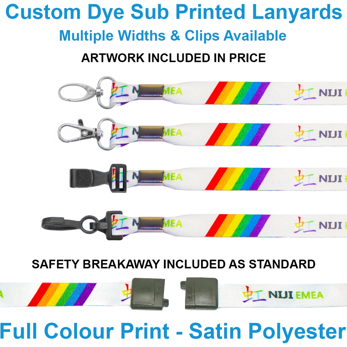 Custom dye sublimation lanyards with various clips in plastic and metal