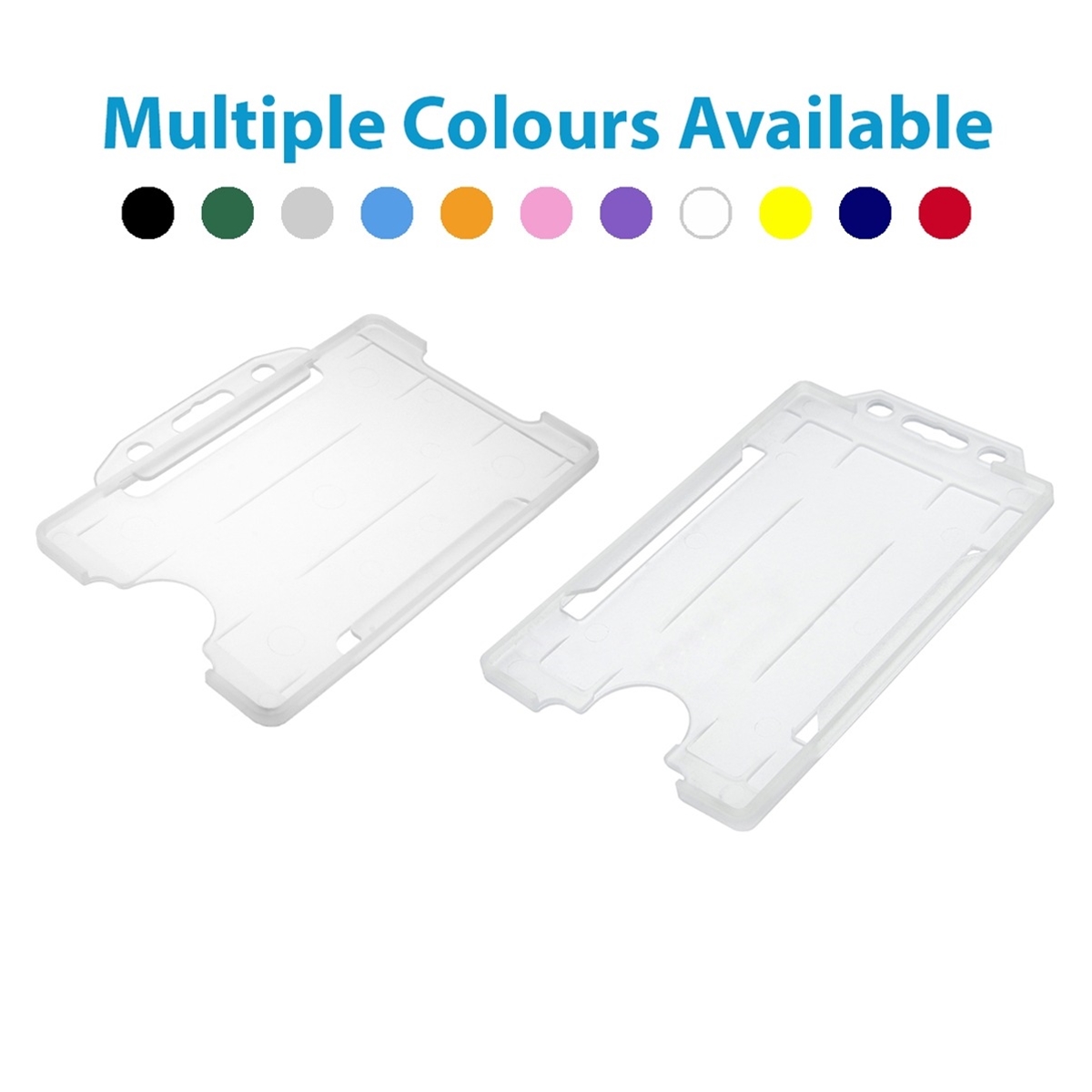 clear single sided open faced id card holders in both landscape and portrait showing multiple colours available