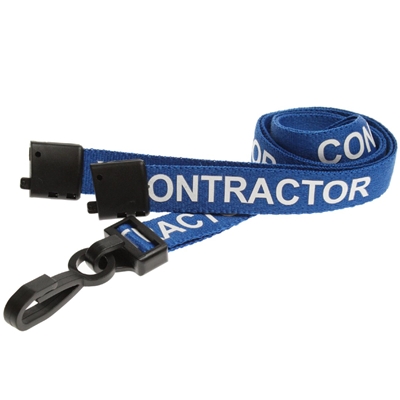 blue contractor pre printed lanyard with plastic hook and breakaway