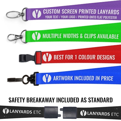 Purple custom lanyards with plastic and metal clips in various styles